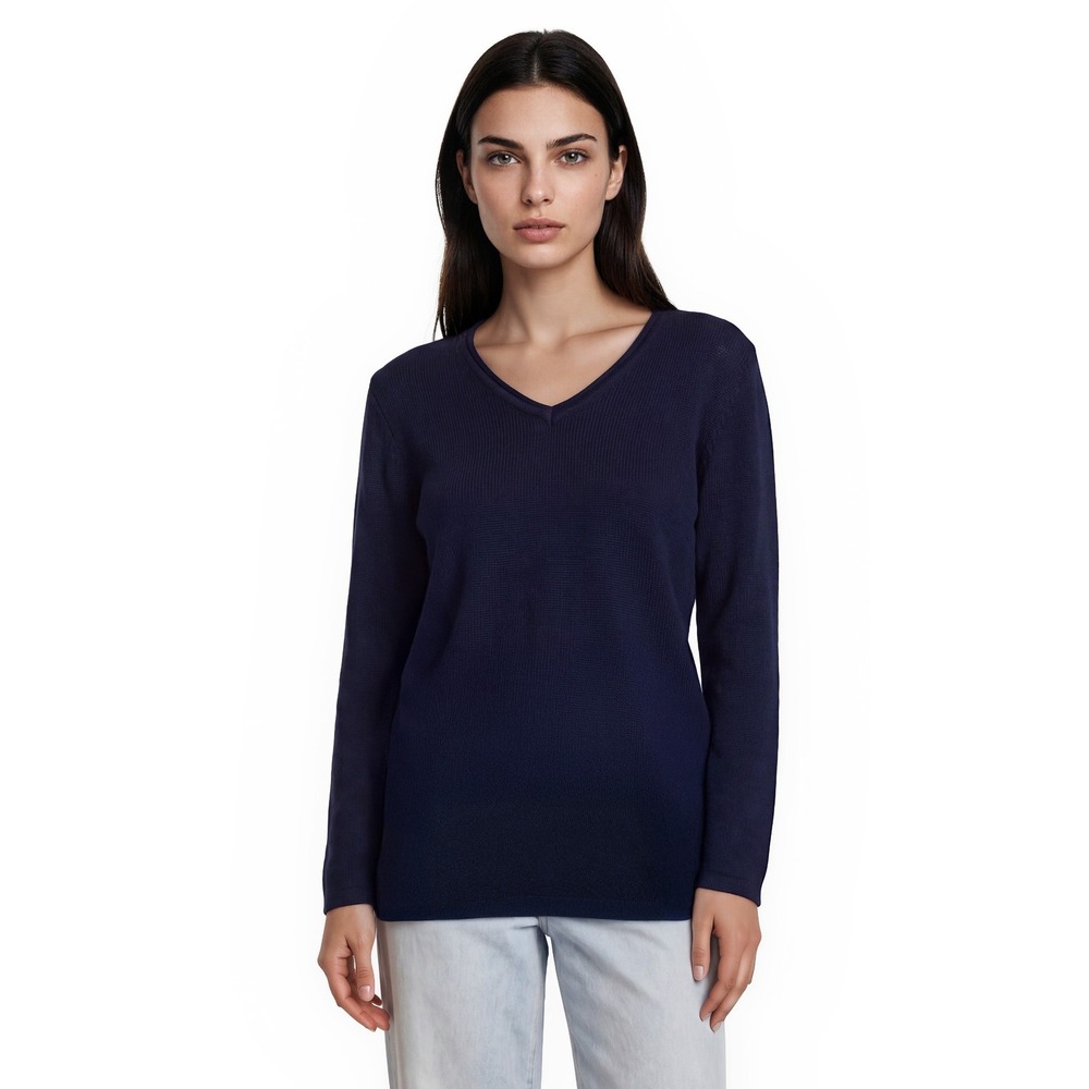 Classic J.McLaughlin V-Neck Sweater Women's Size Large Navy Blue Textured Knit